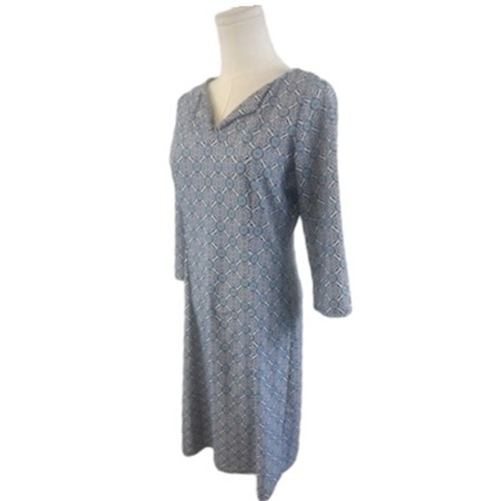 Jude Connally Women's Blue White Geometric Print 3/4 Sleeve Dress Size Medium